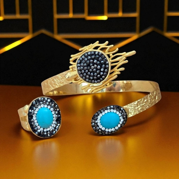 Turkish‎ Artisan 18K Gold Plated Cuff & Ring Set w/ Turquoise & Hematite ✨ - Picture 5 of 14